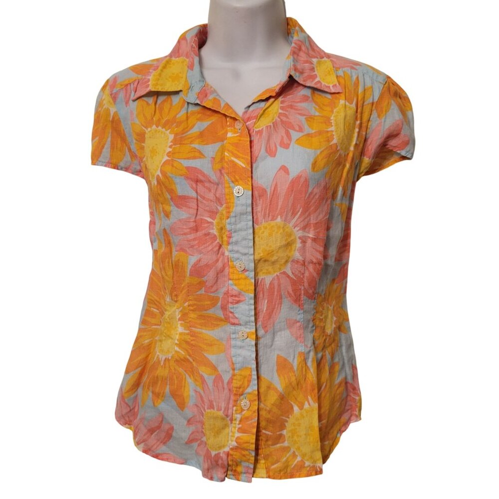 Liz Claiborne Sunflower Print Short Sleeve Button Up Blouse M Linen